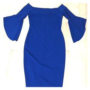 cobalt blue short, off the shoulder Bebe dress